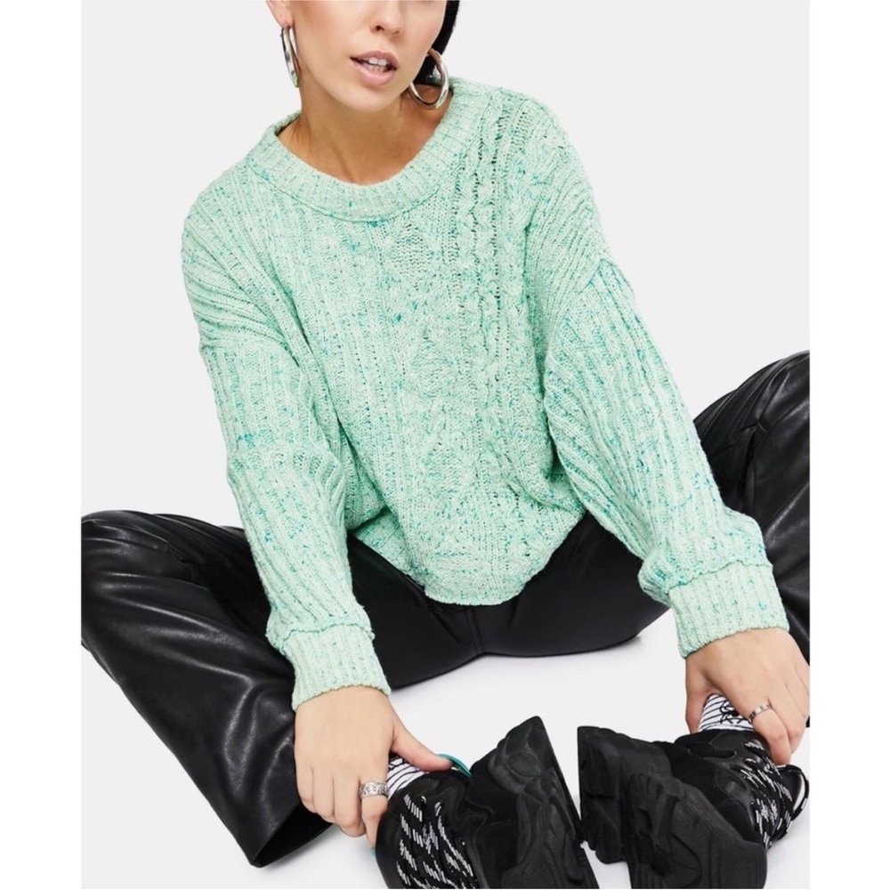 Free People Mint Cable Knit Crewneck Sweater